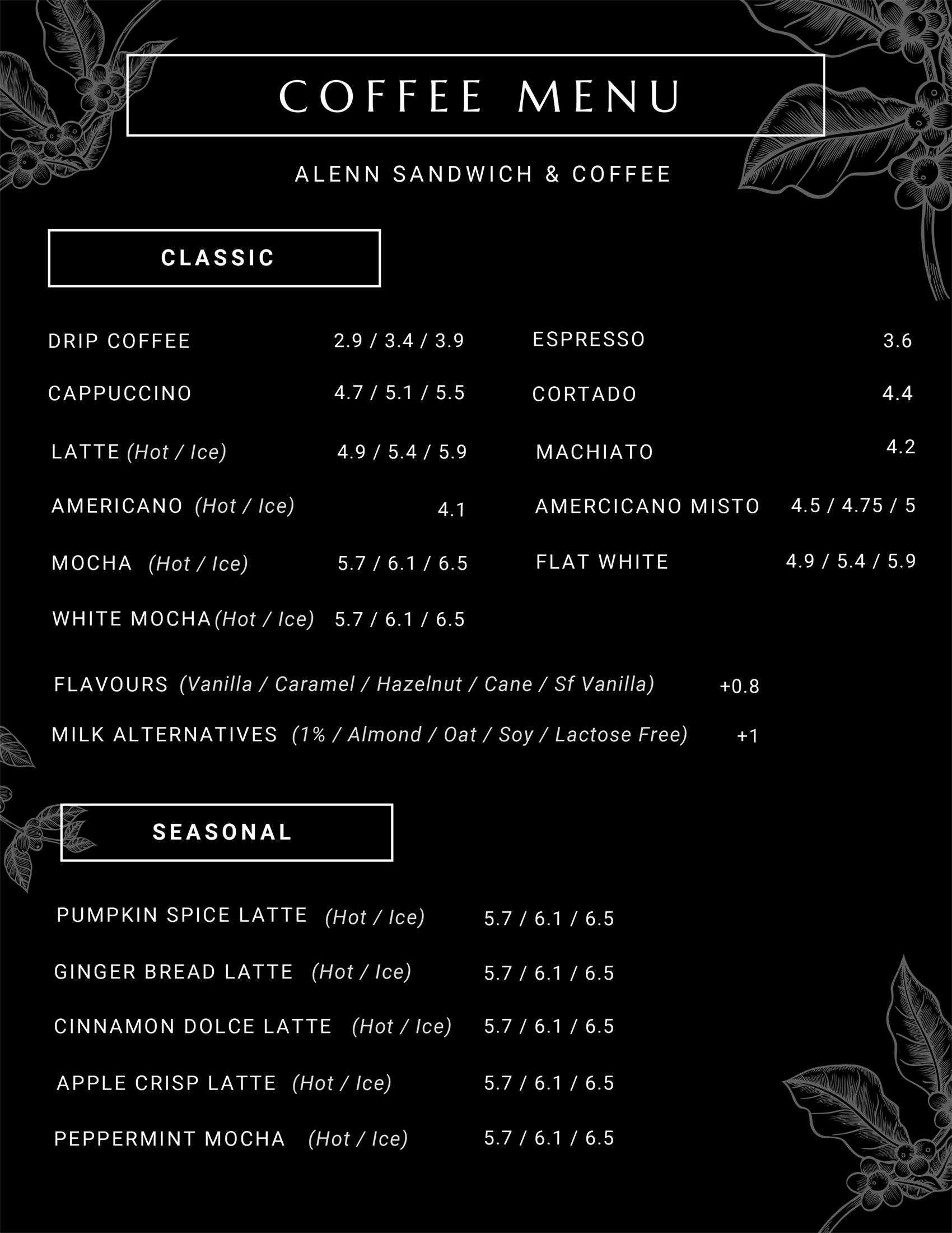 coffee menu